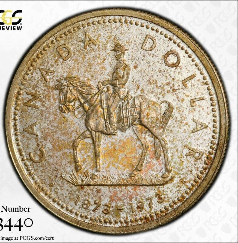Golden Toned 1973 SP 65 Canada RC Mounted Police Silver Dollar PCGS Graded 743