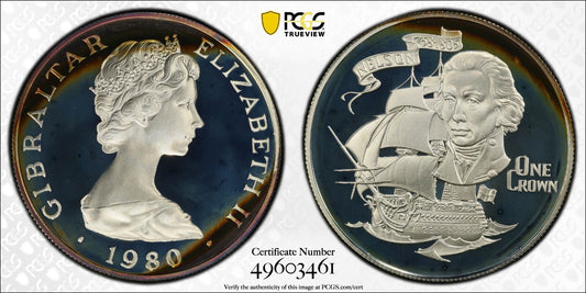 Toned 1981 PR 68 DCAM Crown Gibraltar Admiral Nelson Battle Trafalgar PCGS 575