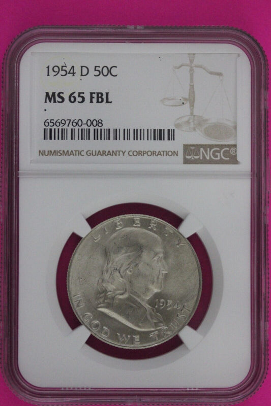 Full Bell Lines 1954 D MS 65 FBL Ben Franklin Half Dollar Silver Coin NGC 779