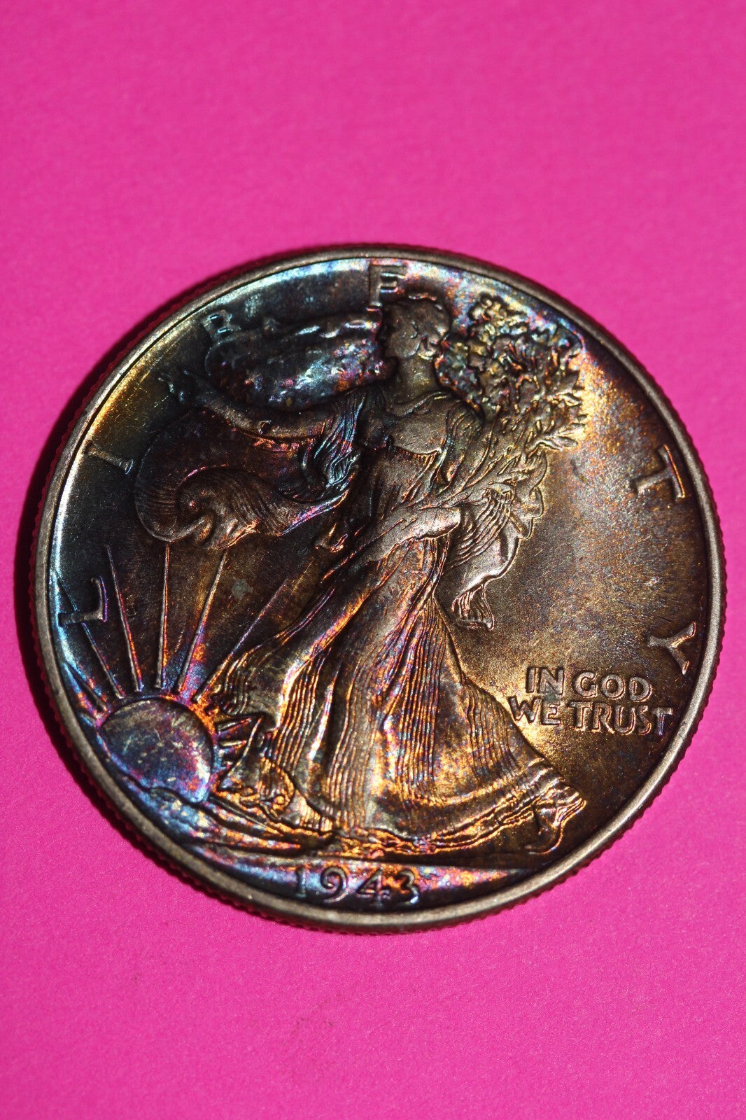 Rainbow Toned Hi Grade 1943 P Walking Liberty Silver Half Dollar Authentic 1030