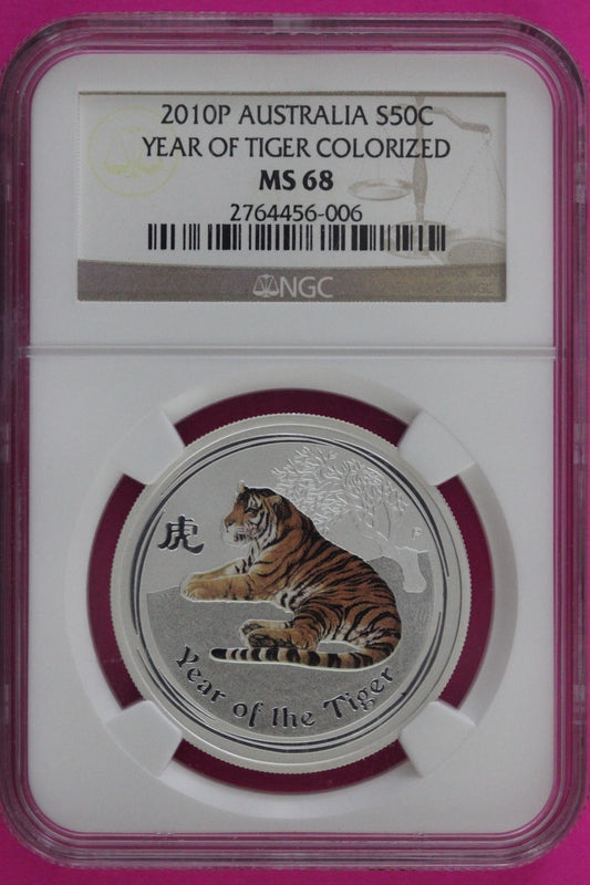 2010 P MS 68 Colorized Australia Year Of The Tiger 50 Cents Silver Coin NGC 950