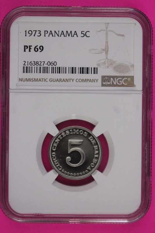 Top Pop 1973 Panama PF 69 Proof  5 Centesimos NGC Graded Authentic Slab 856