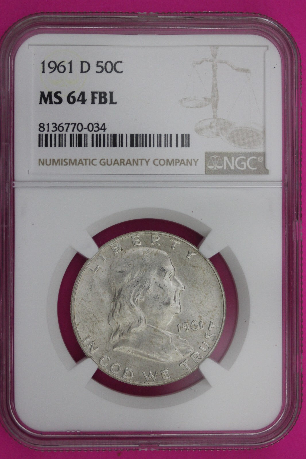1961 D MS 64 Full Bell Lines Ben Franklin Silver Half Dollar NGC FBL Slab 1180