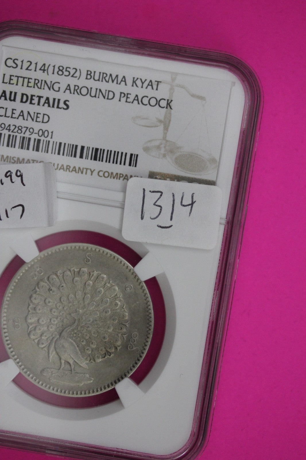 1852 AU Details Burma Kyat Cleaned NGC Certified Authentic Genuine Slab 1314
