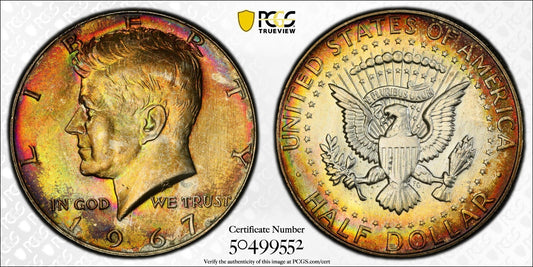 Rainbow Toned 1967 Silver MS 65 John F Kennedy Silver Half Dollar PCGS Slab 146