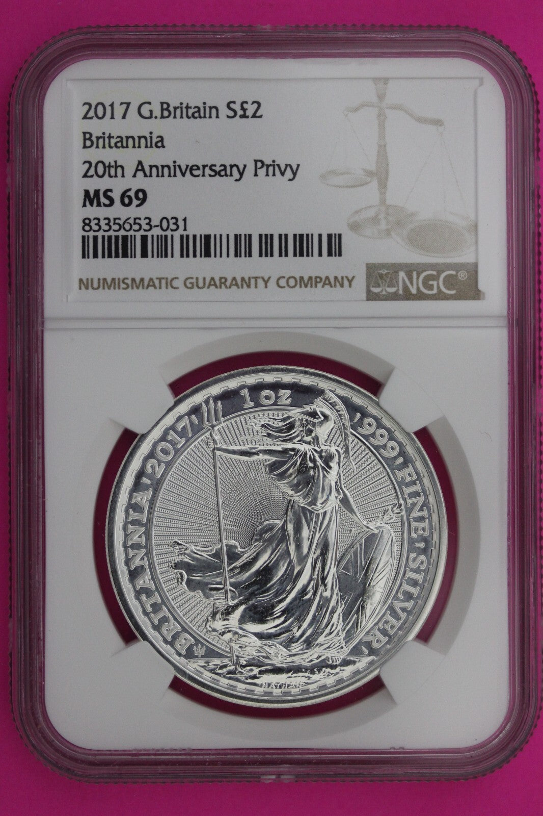 2017 MS 69 Great Britain £2 Britannia 20th Anniversary Privy NGC Graded Slab 884