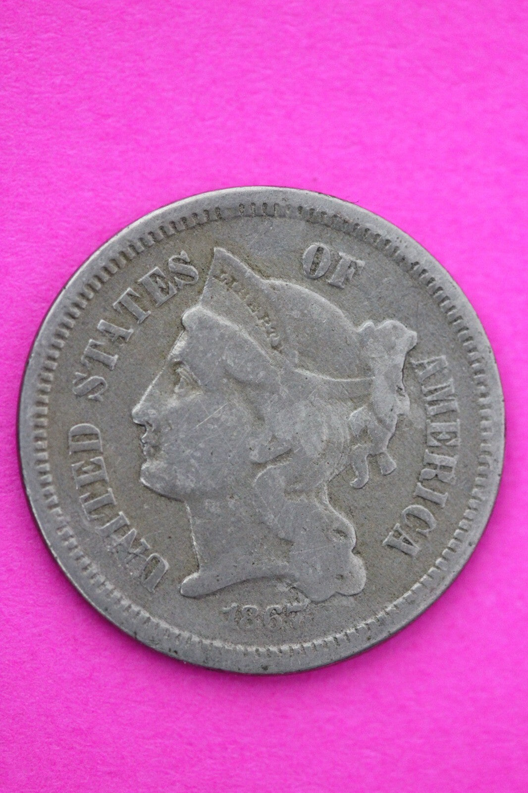 1867 Three 3 Cent Nickel Scarce Semi Key Date Type Coin Philadelphia Mint 68