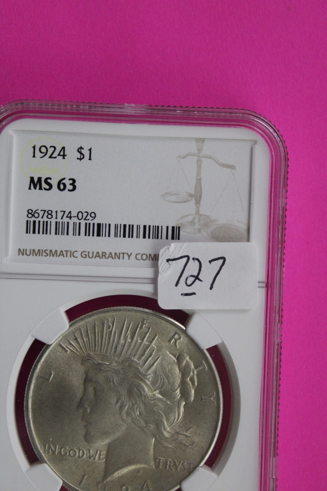 1924 P MS 63 Liberty Peace Silver Dollar NGC Certified Graded Authentic 727