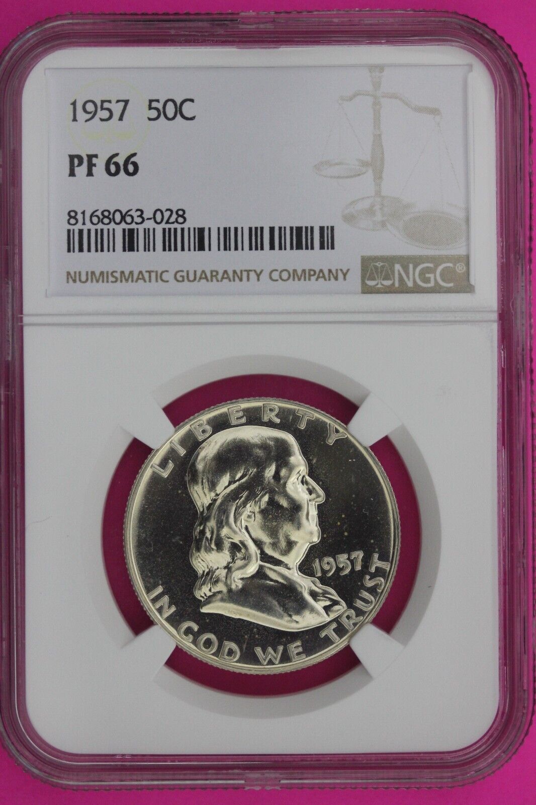 1957 PF 66 Ben Franklin Half Dollar High Grade Proof Silver Coin NGC Slab 962