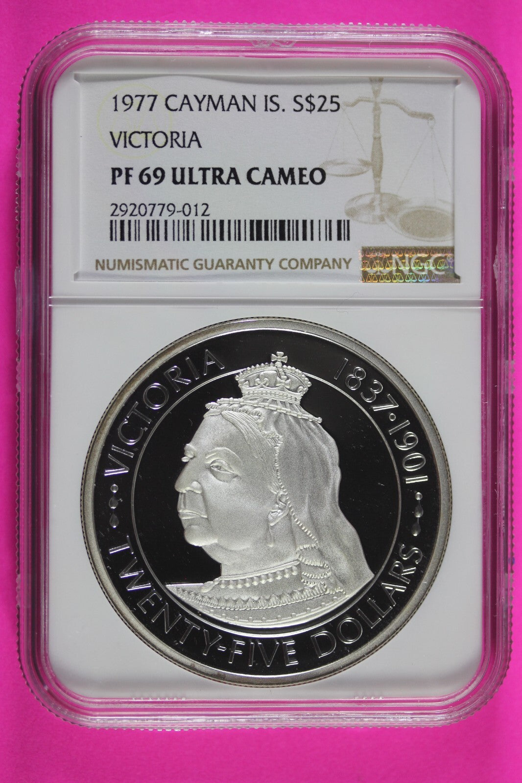 Top Pop 1977 PF 69 Cayman Islands Victoria $25 Dollars Silver Coin NGC Slab 540