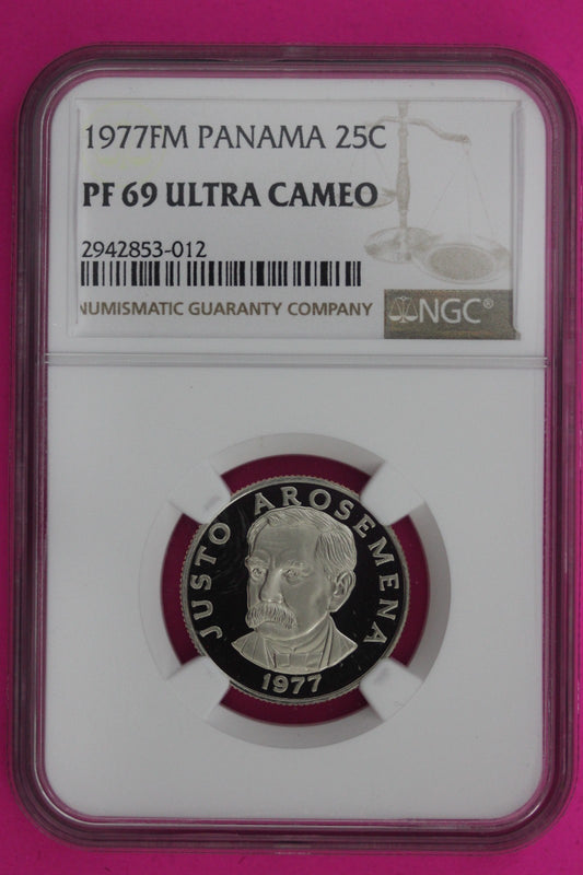 1977 Panama PF 69 Ultra Cameo Proof 25 Centesimos NGC Graded Certified Slab 1297
