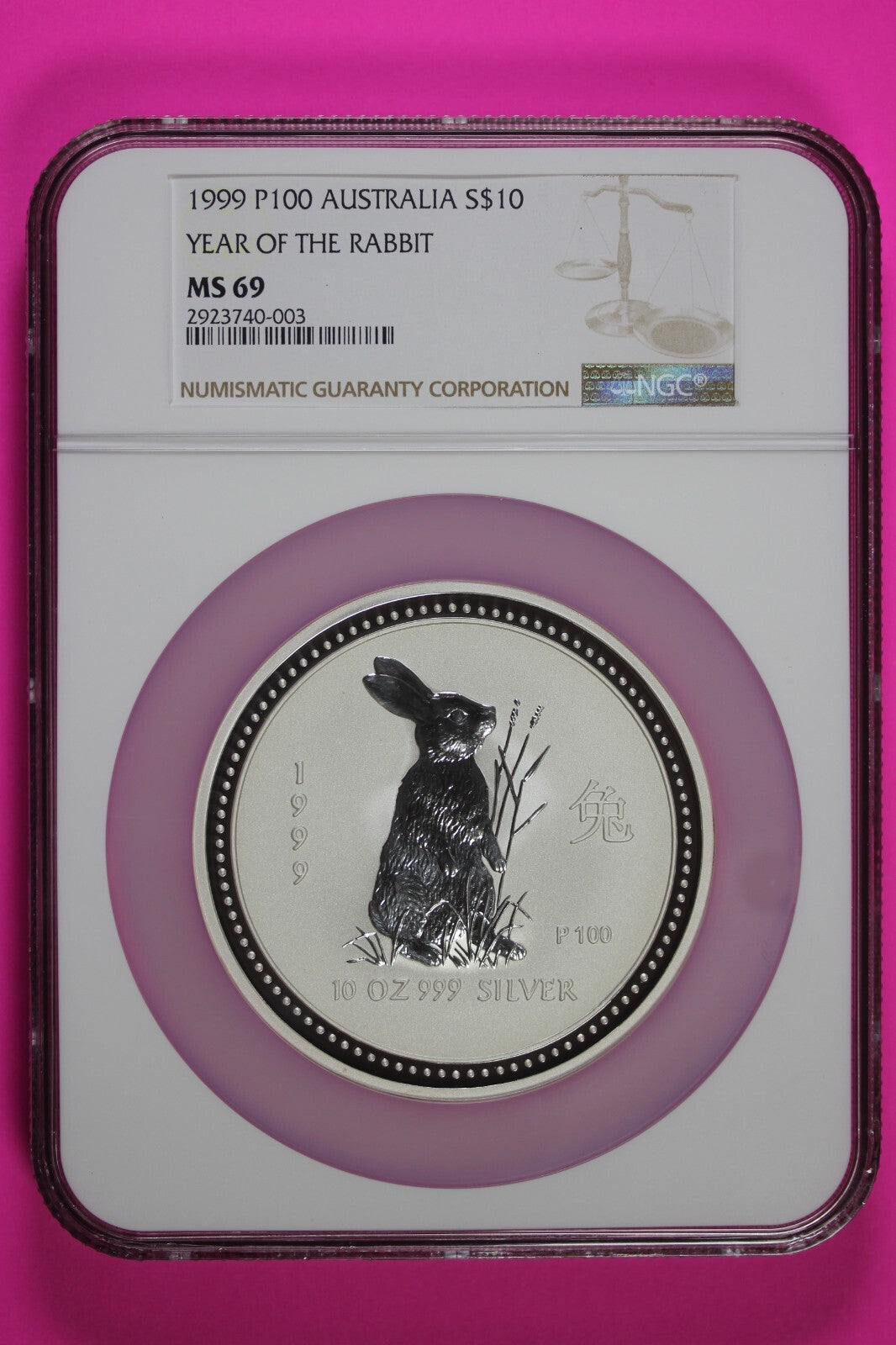 1999 MS 69 10 Ounces Silver Australia Year Of The Rabbit .999 Fine NGC Slab 7032