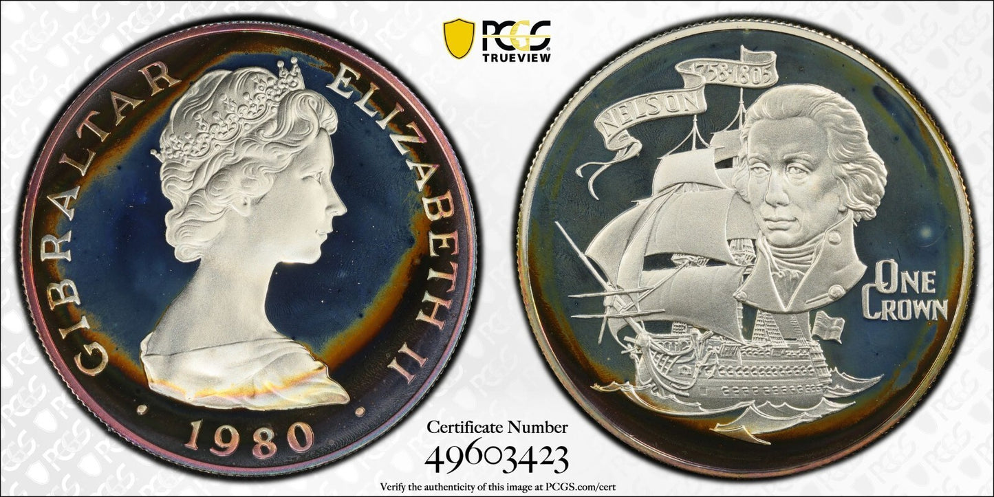 Toned 1981 PR 68 DCAM Crown Gibraltar Admiral Nelson Battle Trafalgar PCGS 555