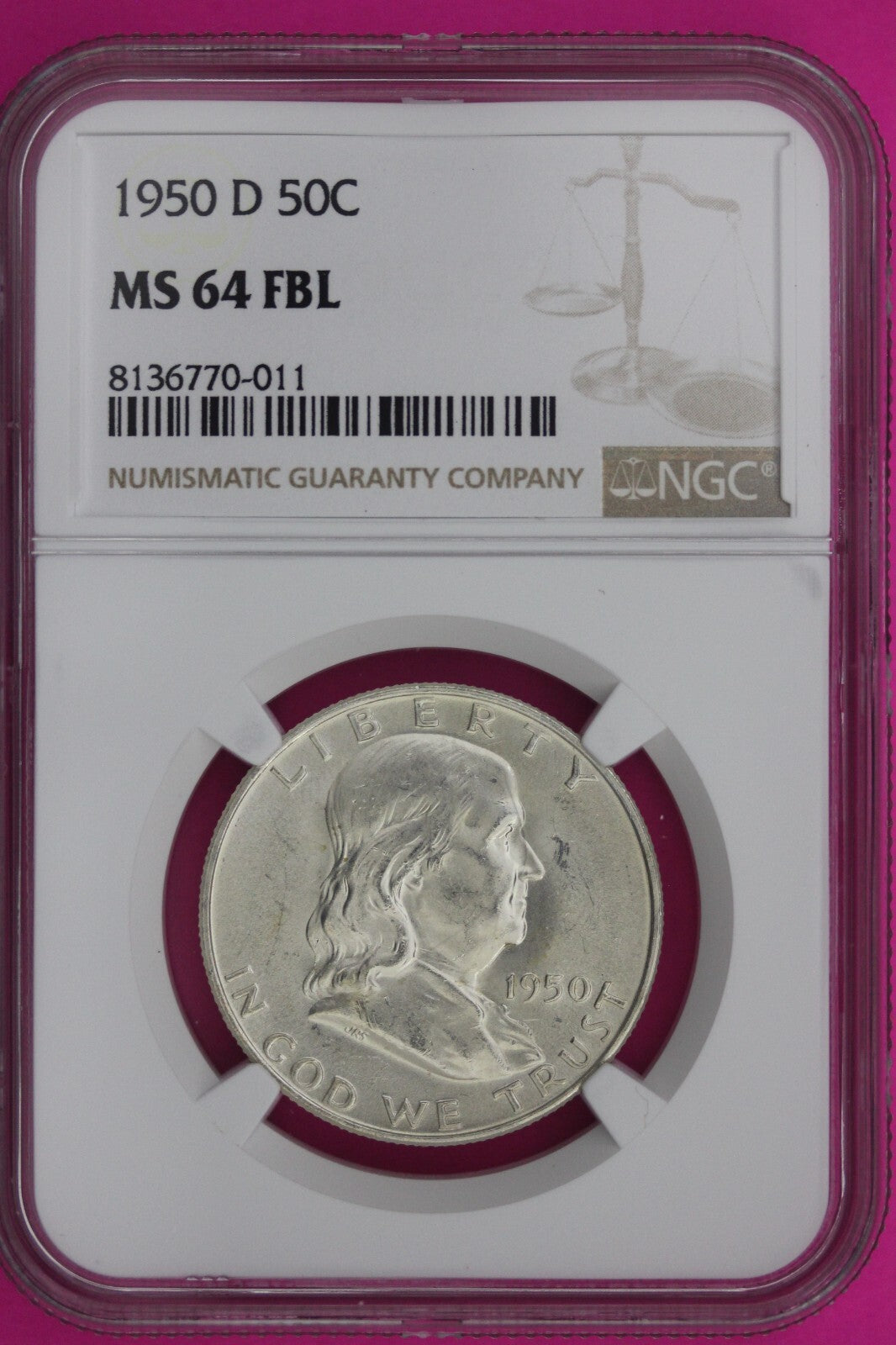 Full Bell Lines 1950 D MS 64 FBL Ben Franklin Half Dollar Silver Coin NGC 956