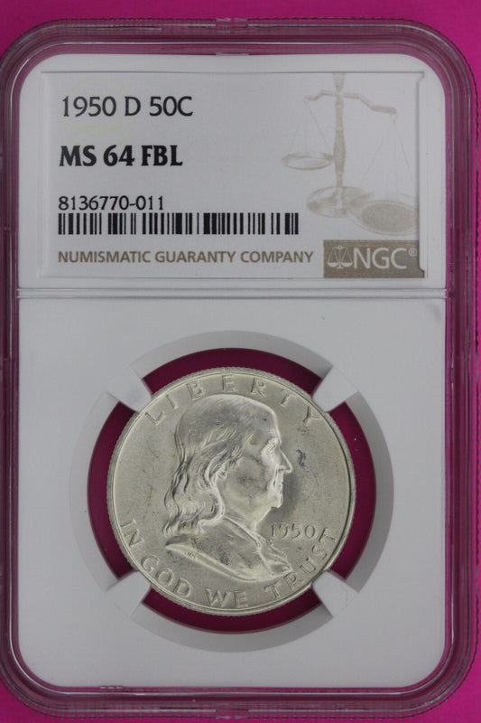 Full Bell Lines 1950 D MS 64 FBL Ben Franklin Half Dollar Silver Coin NGC 956