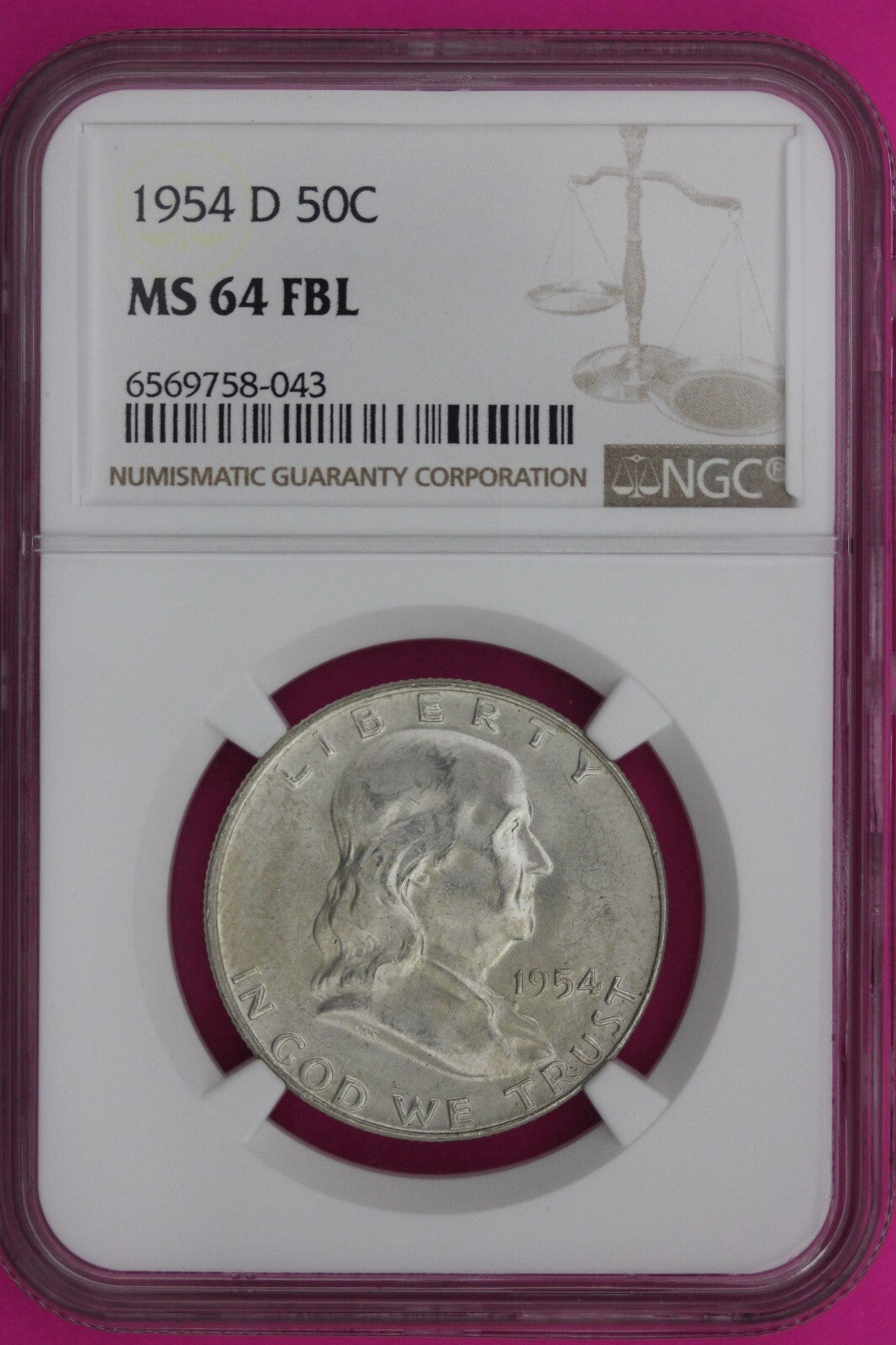 Full Bell Lines 1954 D MS 64 FBL Ben Franklin Half Dollar Silver Coin NGC 944