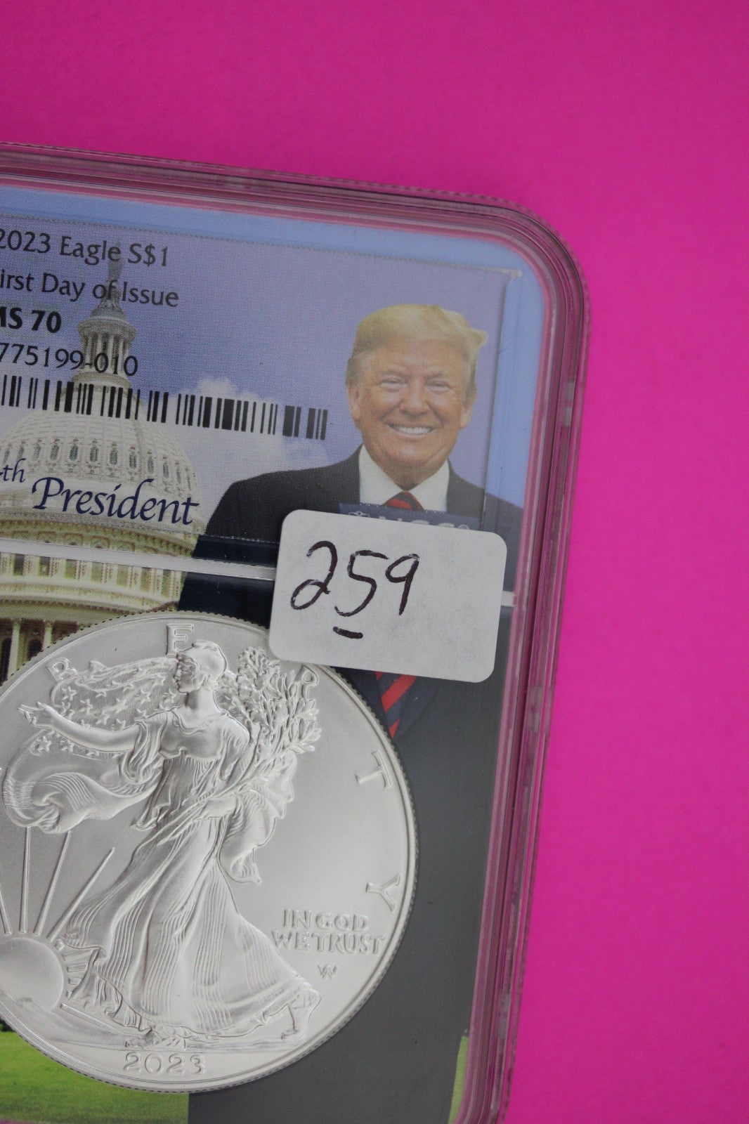 Donald Trump Label 2023 MS 70 Silver Eagle 1 OZ .999 1rst Day NGC Certified 259