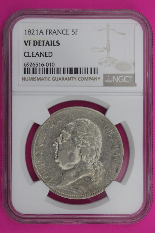 1821 A VF Details France 5 Francs Silver Coin NGC Cleaned Certified Slab 616