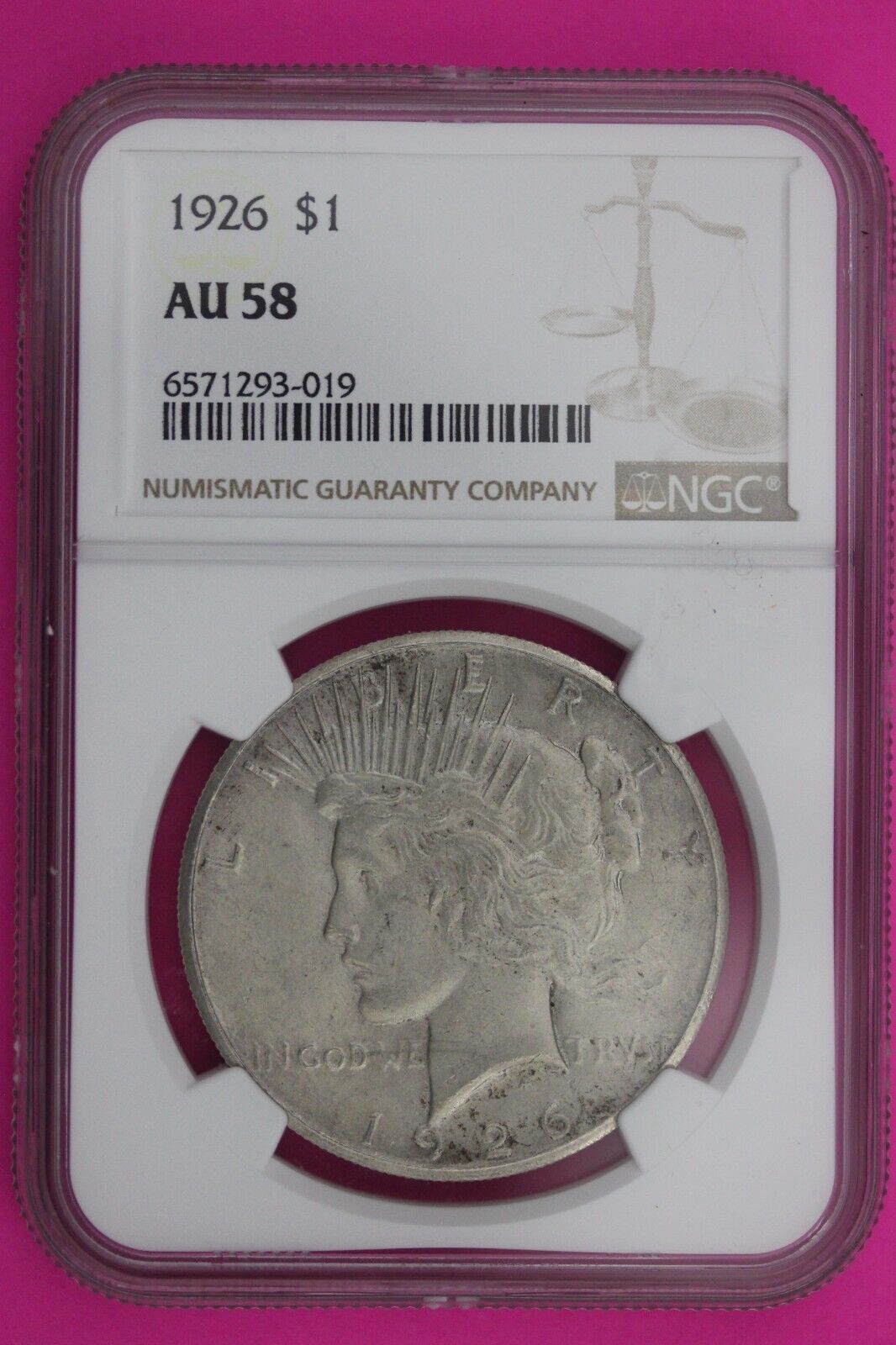 1926 P AU 58 Liberty Peace Silver Dollar NGC Certified Graded Authentic Slab 503