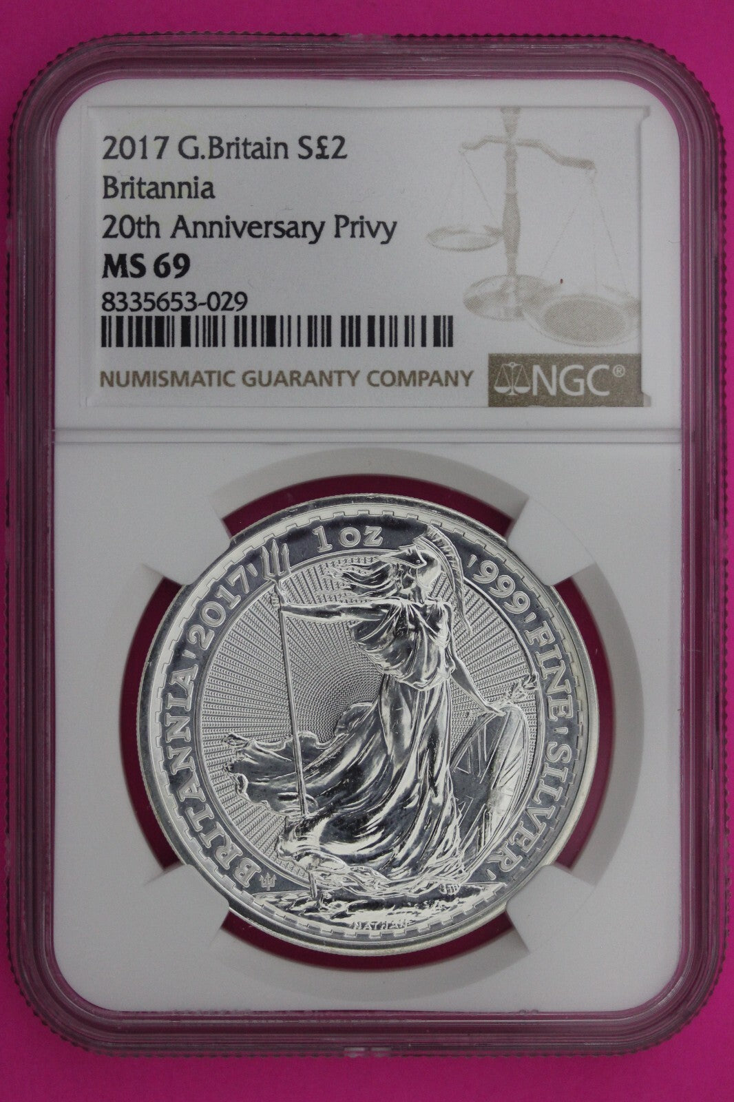 2017 MS 69 Great Britain £2 Britannia 20th Anniversary Privy NGC Graded Slab 881