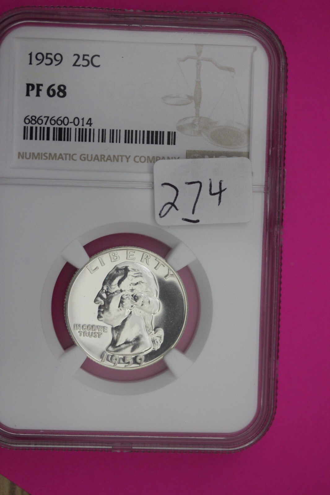 1959 PF 68 Proof Washington Silver Quarter NGC Certified Graded Authentic 274