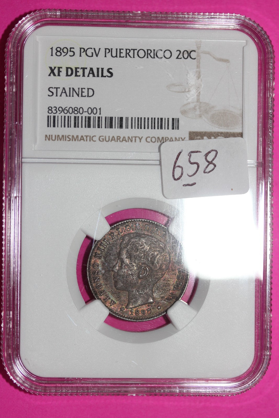 1895 Puerto Rico XF Details Stained 20 Centavos Silver Coin NGC Certified 658