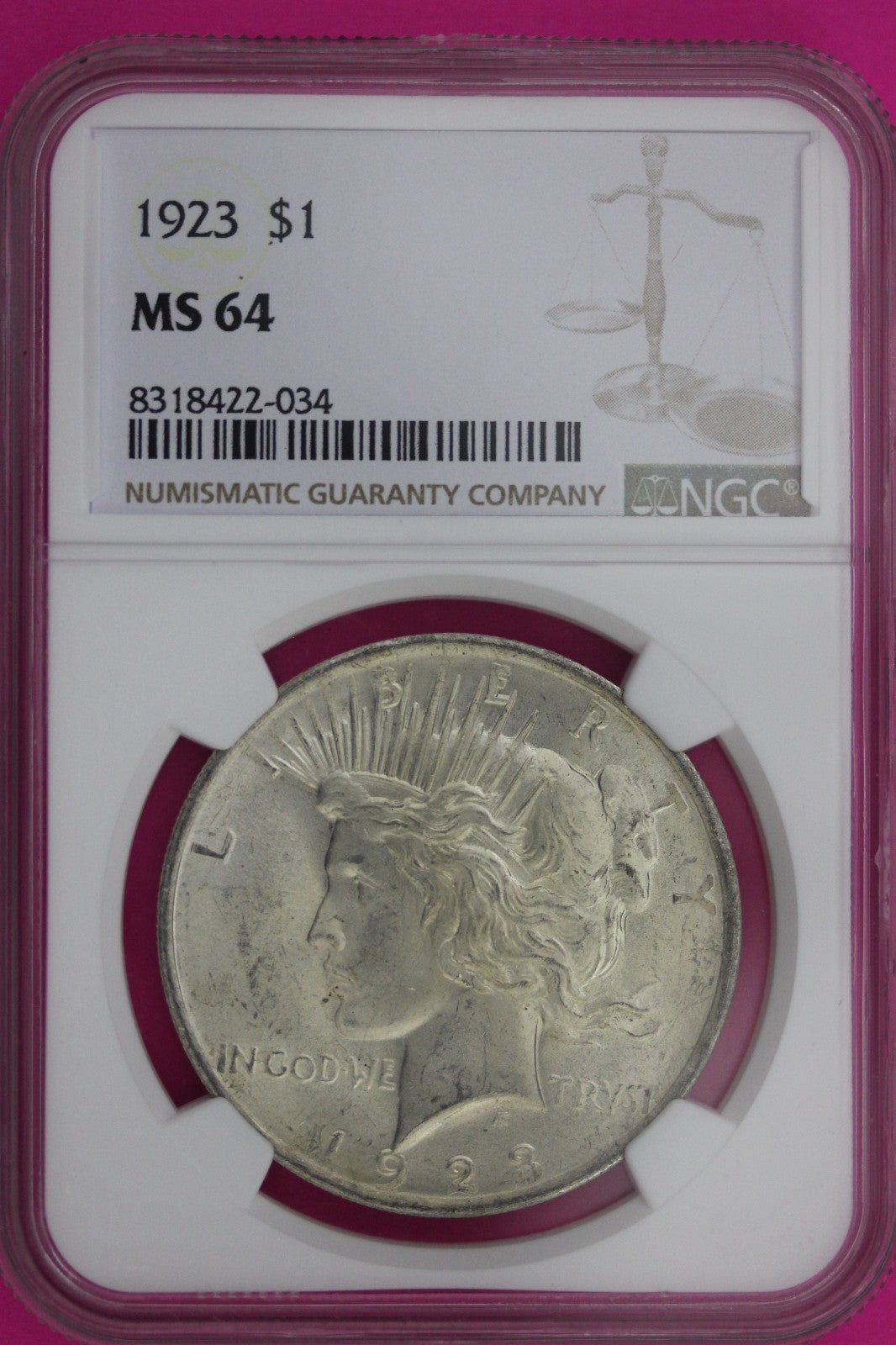 1923 P MS 64 Peace Liberty Silver Dollar NGC Certified Graded Authentic 1183