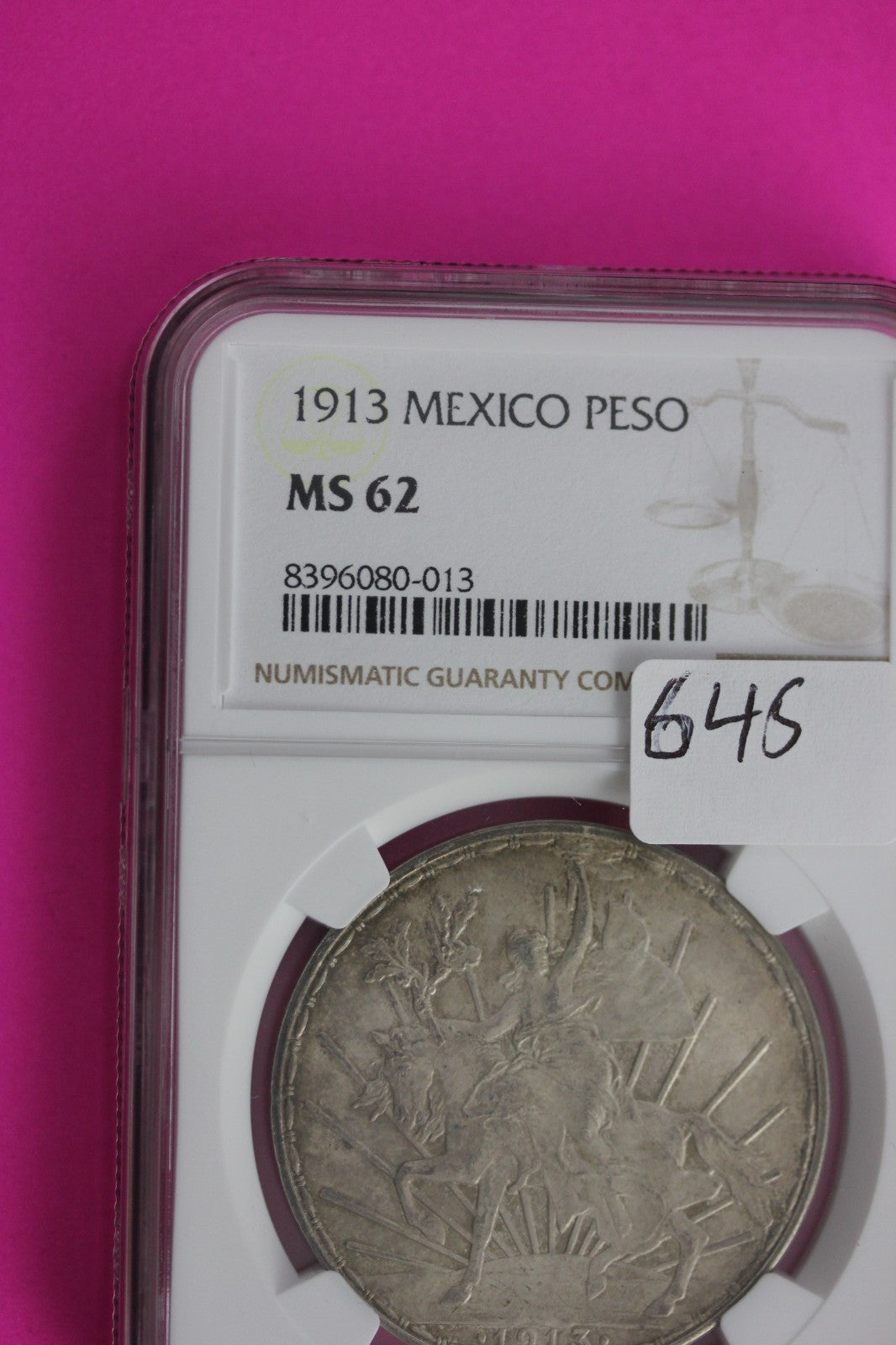 1913 MS 62 Mexico Peso Silver Coin NGC Certified Authentic Graded Slab 645