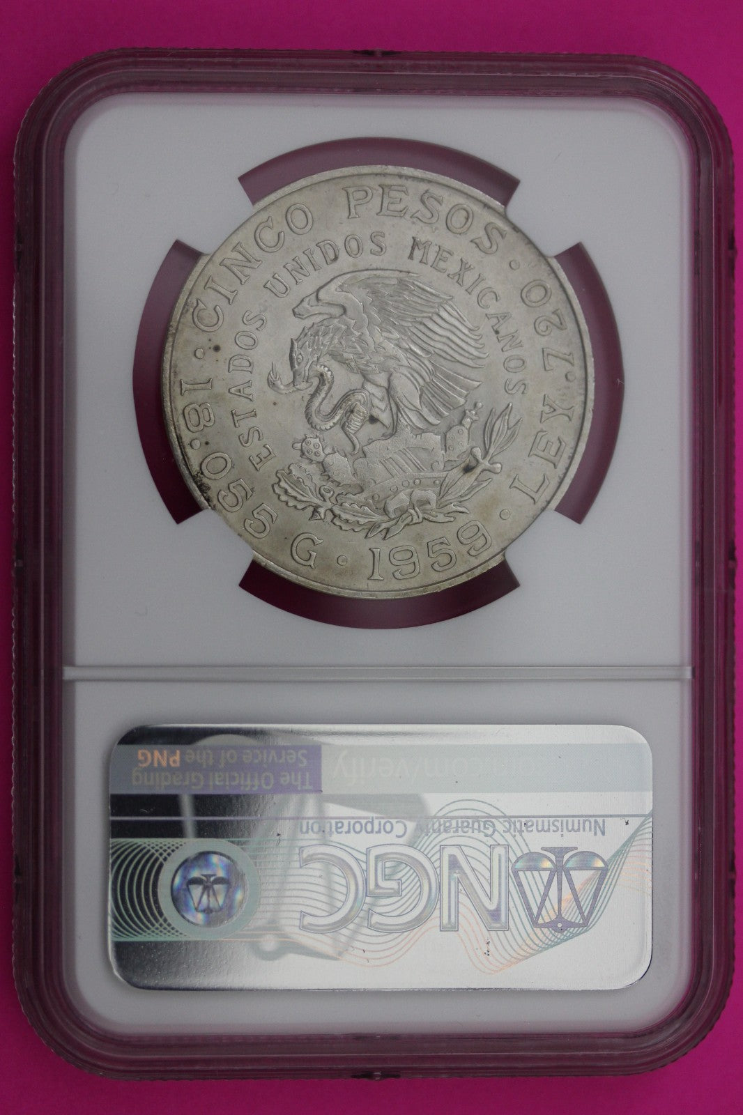 1959 MS 64 Mexico 5 Pesos Silver Coin NGC Authentic Graded Authentic Slab 569
