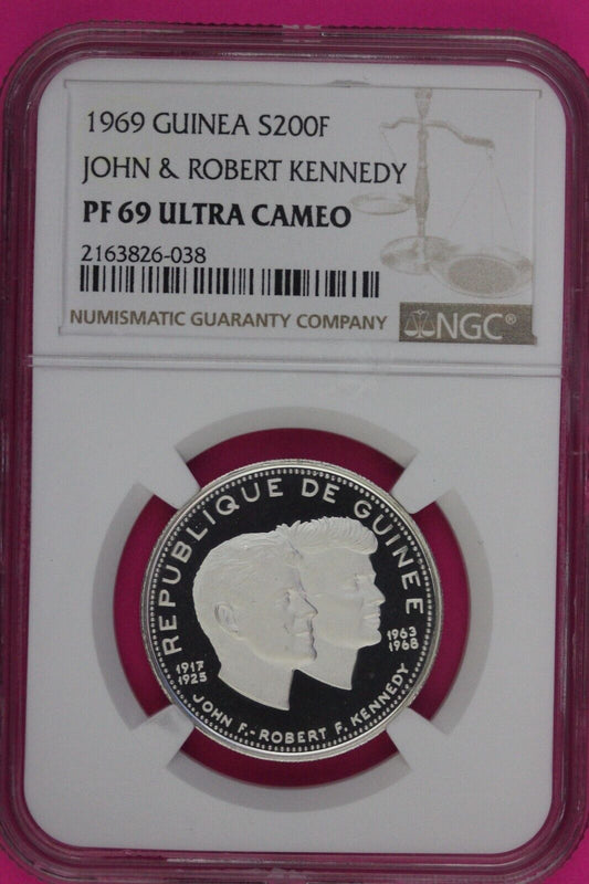 Top Pop 1969 PF 69 Ultra Cameo Guinea John,Robert Kennedy Silver NGC Slab 1046