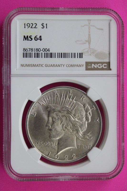 1922 P MS 64 Liberty Peace Silver Dollar NGC Certified Graded Authentic 711