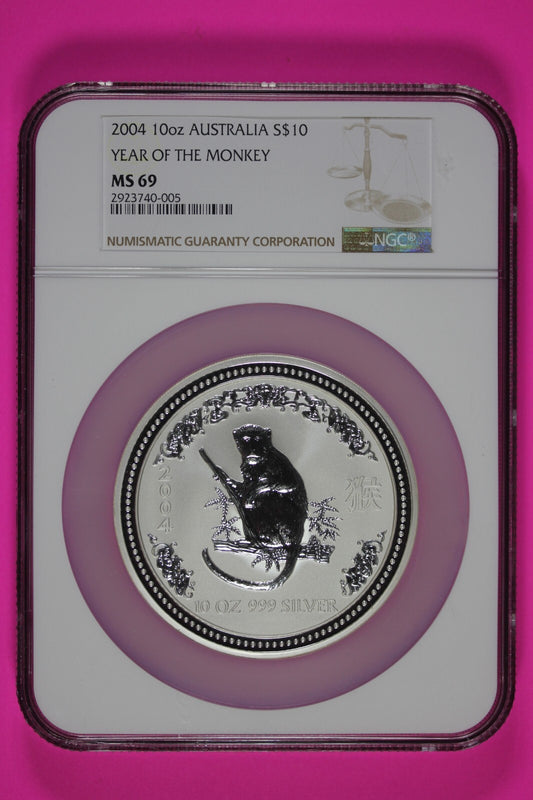 2004 MS 69 10 Ounces Silver Australia Year Of The Monkey .999 Fine NGC Slab 7014