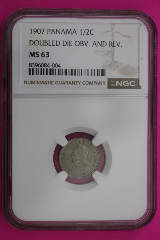 1907 MS 63 Panama Double Die Obc & Rev  1/2 Centesimo NGC Certified Graded 590