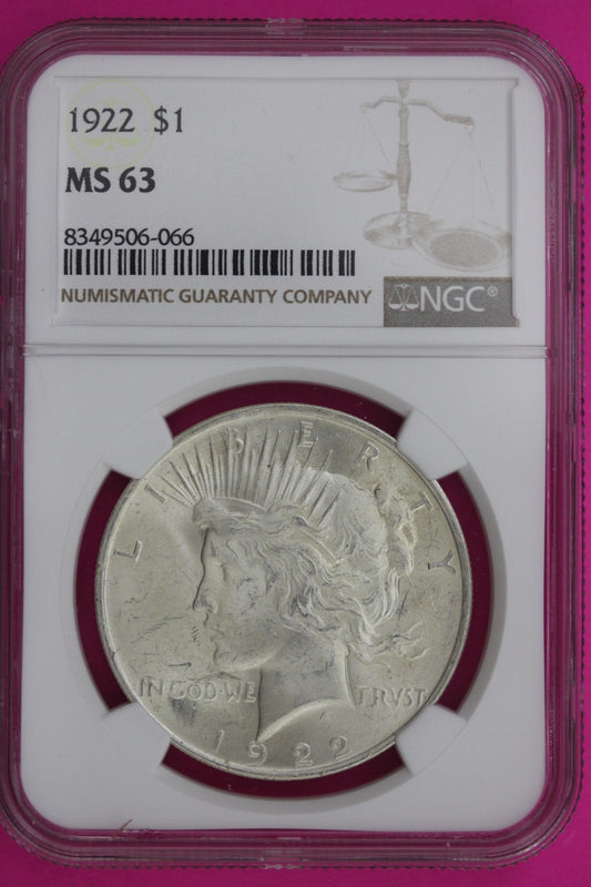 1922 P MS 63 Liberty Peace Silver Dollar NGC Certified Graded Authentic 1128