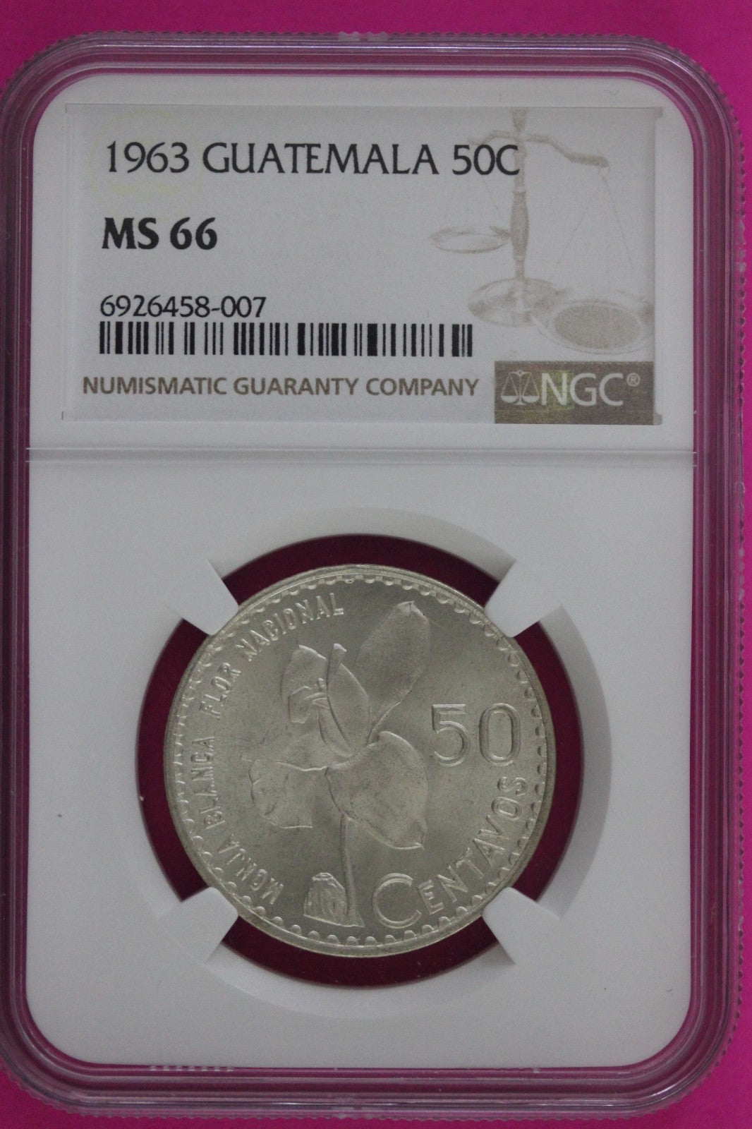 1963 MS 66 Guatemala 50 Centavos Silver Coin NGC Certified Graded Authentic 100