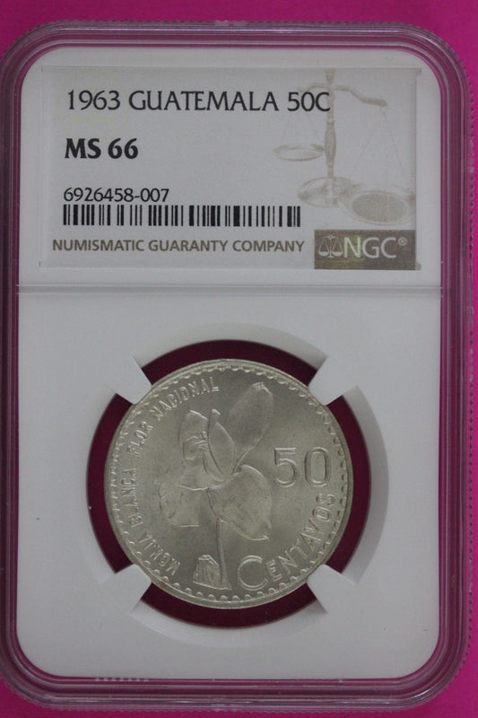 1963 MS 66 Guatemala 50 Centavos Silver Coin NGC Certified Graded Authentic 100