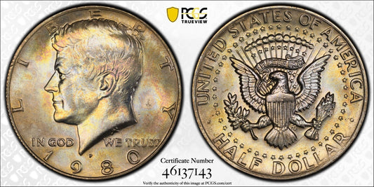Toned Color 1980 P MS 66 Kennedy Half Dollar PCGS Graded Trueview Slab 1216