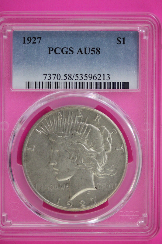 1927 P AU 58 Peace Silver Dollar PCGS Graded Certified Authentic Slab 56