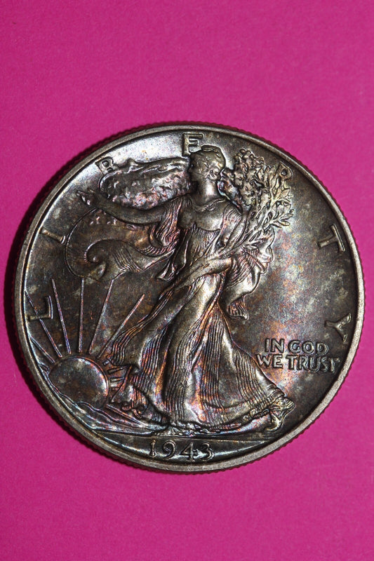 Rainbow Toned Hi Grade 1943 P Walking Liberty Silver Half Dollar Authentic 1024