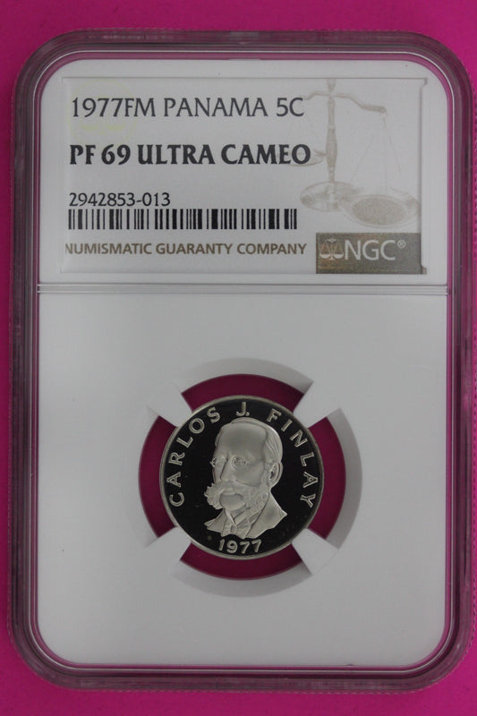 1977 Panama PF 69 Ultra Cameo Proof 5 Centesimos NGC Graded Certified Slab 1296