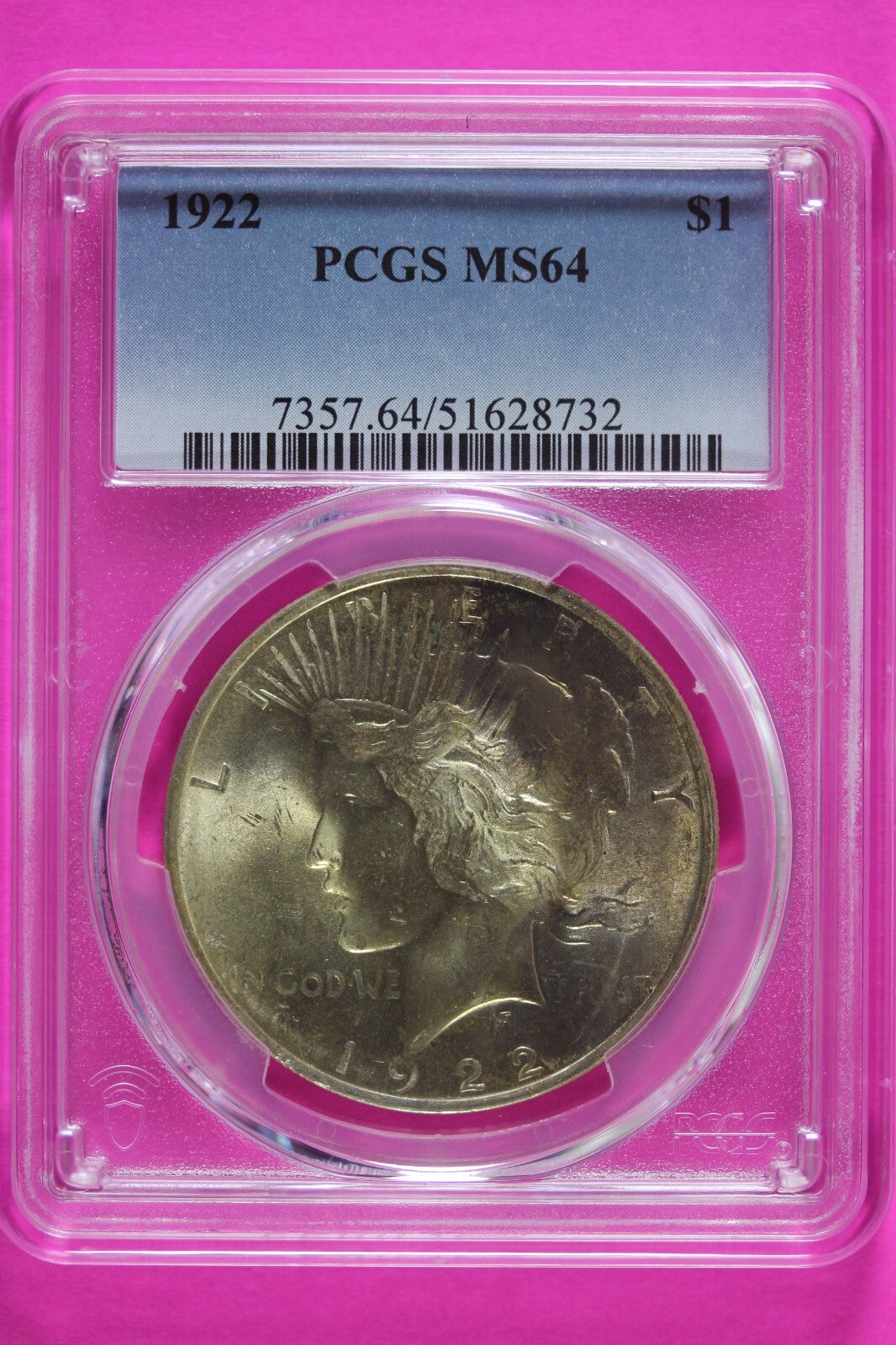 Toned 1922 P MS 64 Peace Silver Dollar PCGS Graded Certified Authentic Slab 929