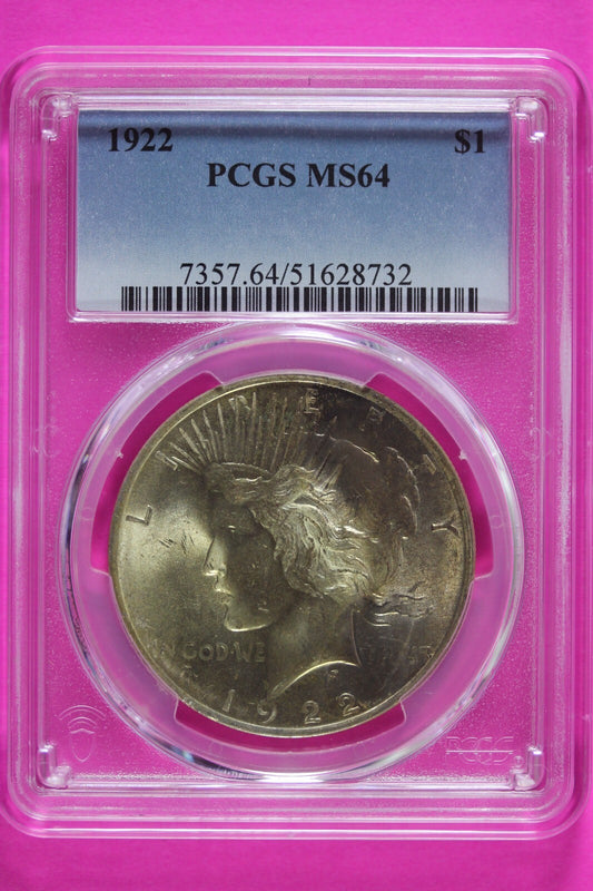 Toned 1922 P MS 64 Peace Silver Dollar PCGS Graded Certified Authentic Slab 929