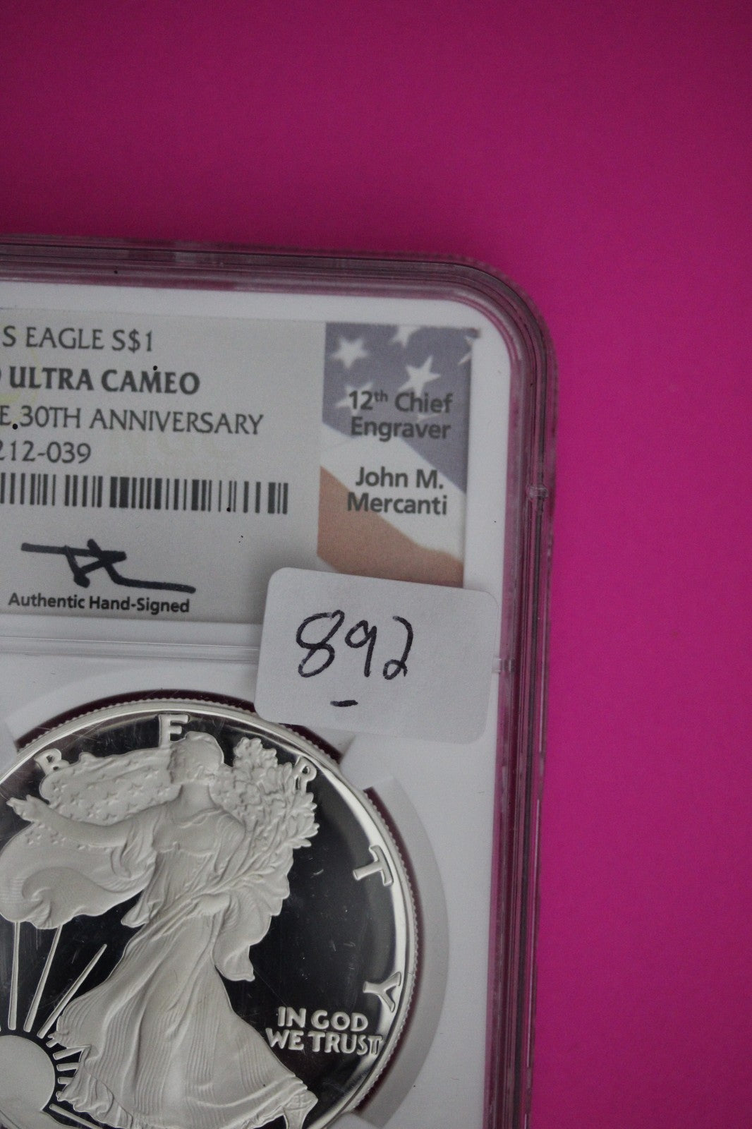 1986 S PF 69 Silver Eagle Mercanti Signature Proof Ultra Cameo 1 OZ NGC Slab 892