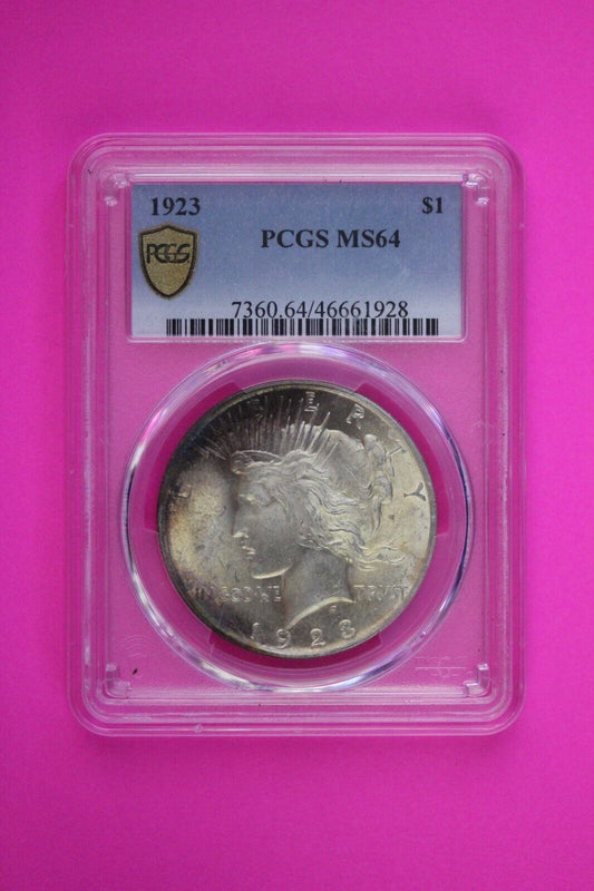 Rainbow Toned 1923 P MS 64 Peace Silver Dollar PCGS Graded Trueview Slab 1245