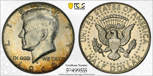 Toned 1968 D Silver MS 65 John F Kennedy Silver Half Dollar PCGS Graded Slab 149