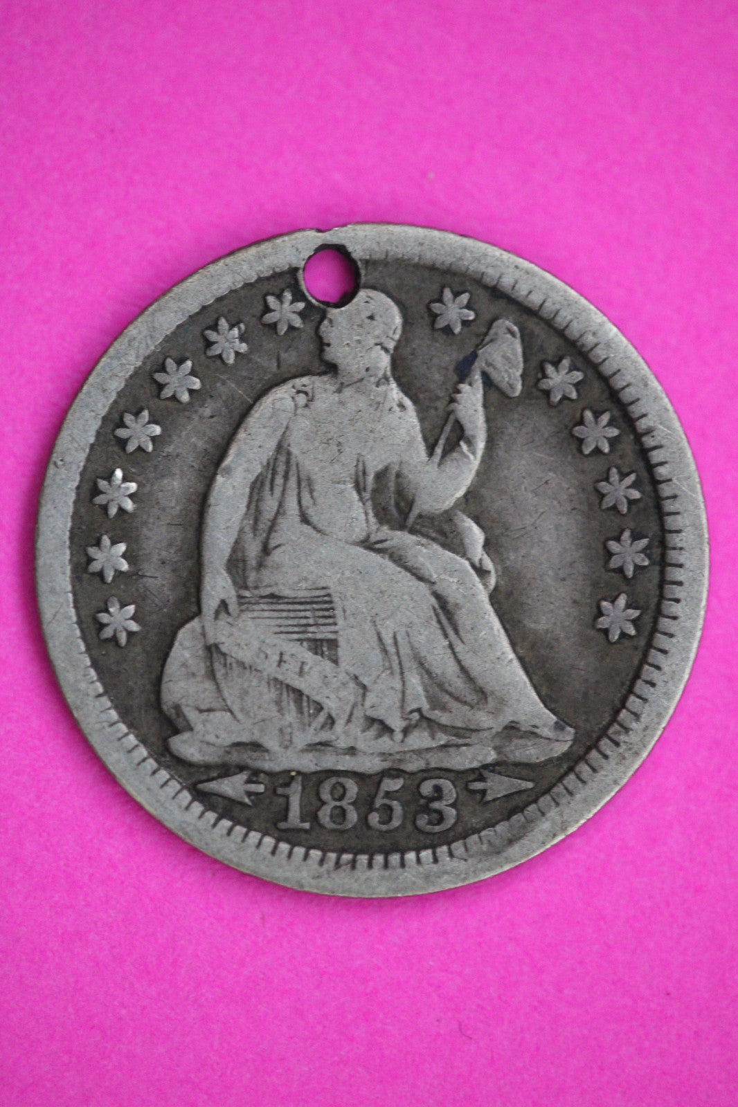 1853 P Seated Half Dime Silver Exact Coin Shown Filler Damaged Holed Bent 2734