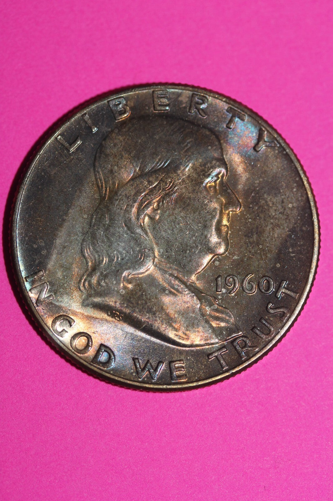 End Of Roll Toned 1960 P Ben Franklin Silver Half Dollar FBL Authentic Coin 1048