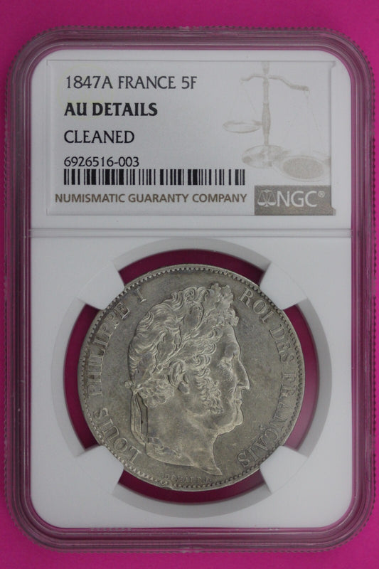 1847 AU Details France 5 Francs Silver Coin NGC Certified Authentic Slab 612