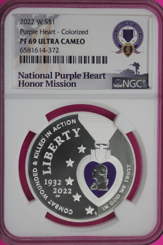2022 W PF 69 Colorized Purple Heart Commemorative Silver Dollar NGC Graded 81