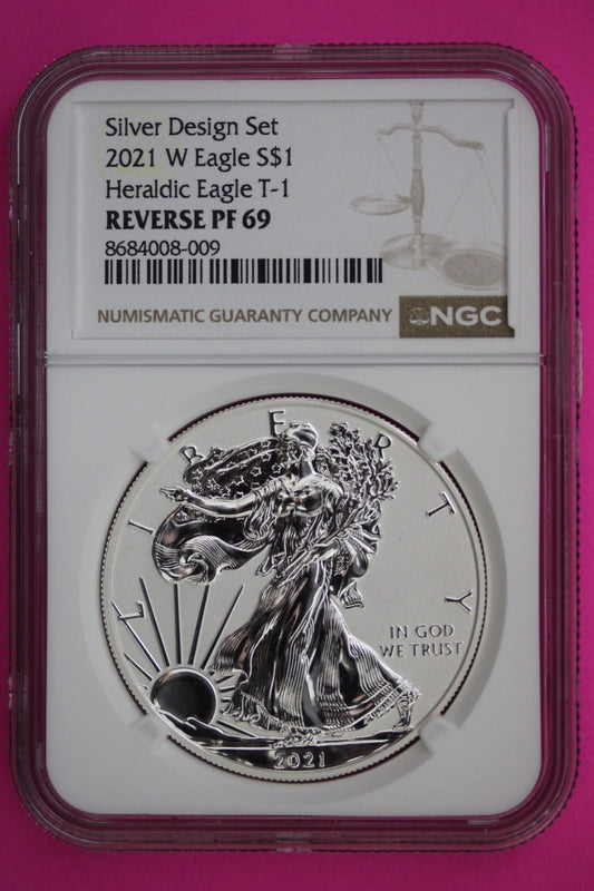 2021 W T1 Reverse Proof Silver Eagle PF 69 One Coin From Design Set NGC Slab 83